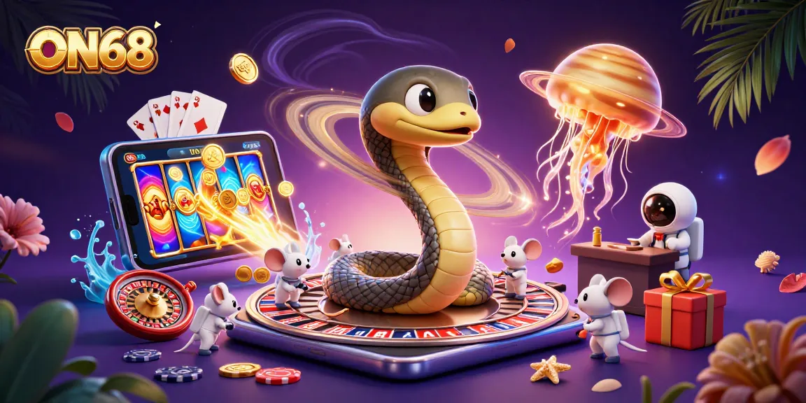 Place bets and spin with ON68's cosmic themed casino illustration featuring vibrant game elements.