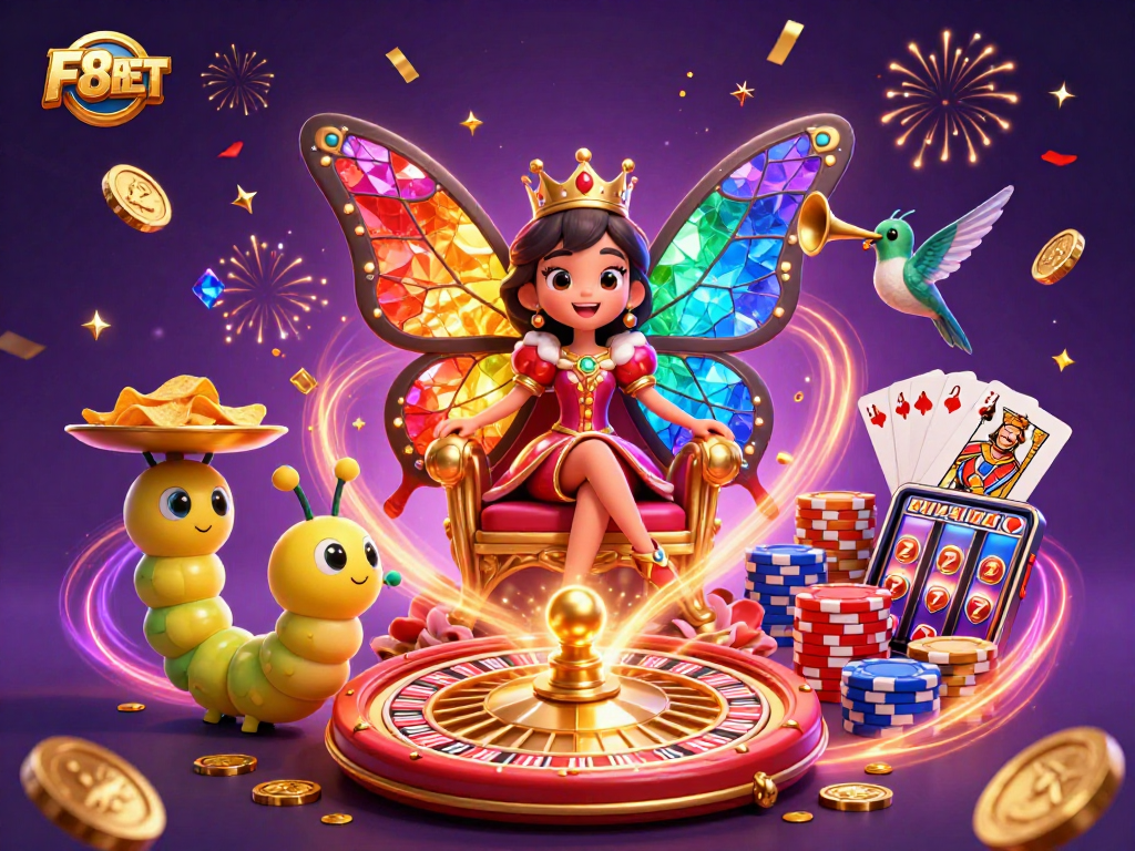 Join the excitement of F8BET with a vibrant 3D casino scene featuring a butterfly queen, chips, and animated game elements.