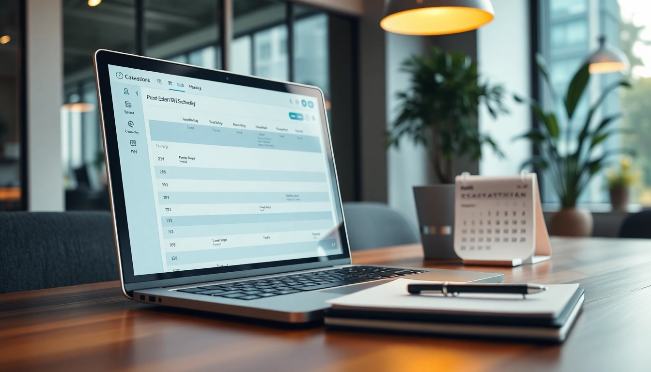 Optimize AI assistant SMS scheduling with a modern office setup and scheduling interface.
