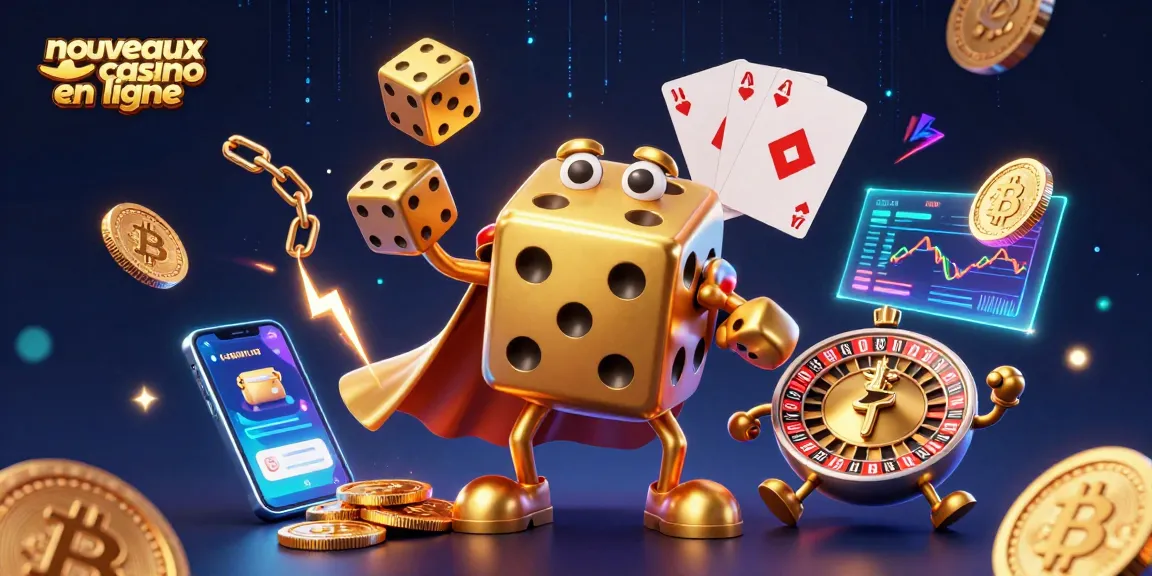 Jouez sur nouveaux casinos en ligne avec un golem de dés en or et des éléments de crypto-monnaie scintillants.