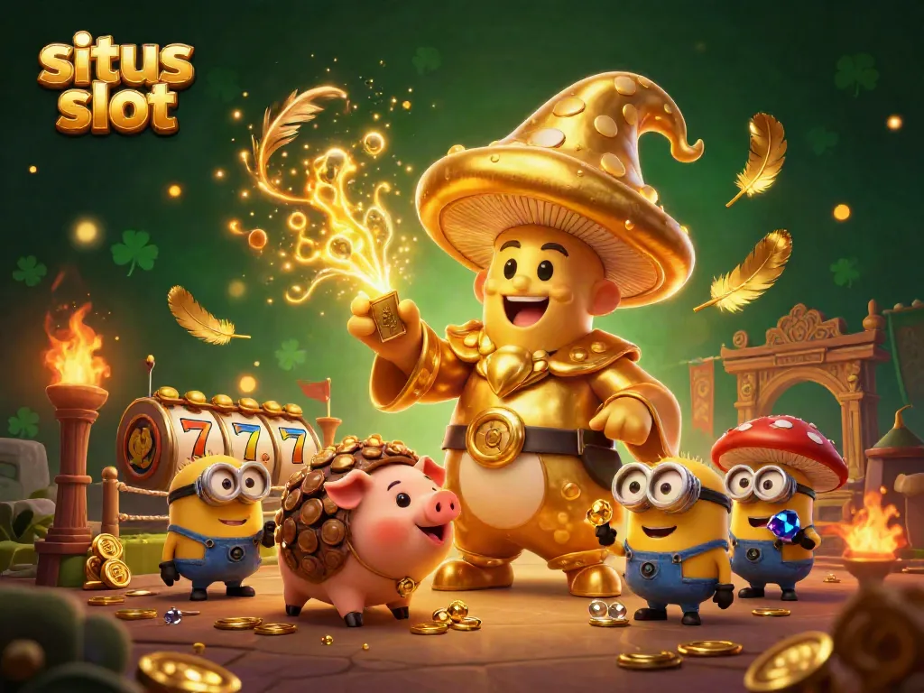 Ilustrasi 3D situs slot menampilkan karakter sihir dan simbol slot dalam suasana penuh warna.