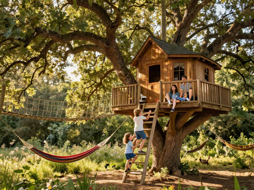 Family enjoying tree house life in a lush forest setting with kids playing and parents relaxing.