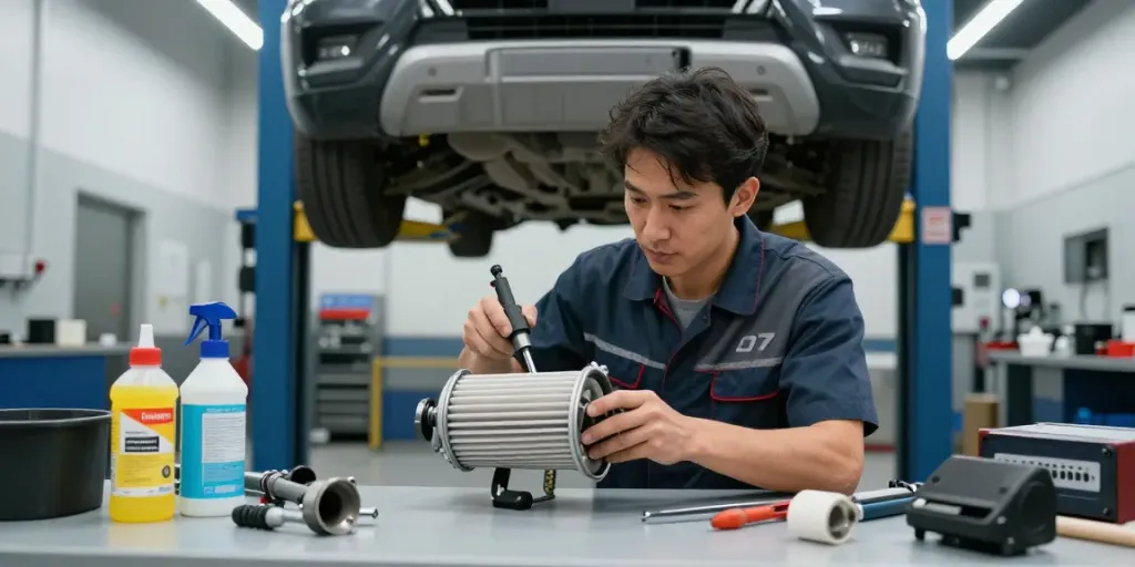 Mechaniker beim DPF reinigen in einer gut beleuchteten Werkstatt mit modernen Geräten.