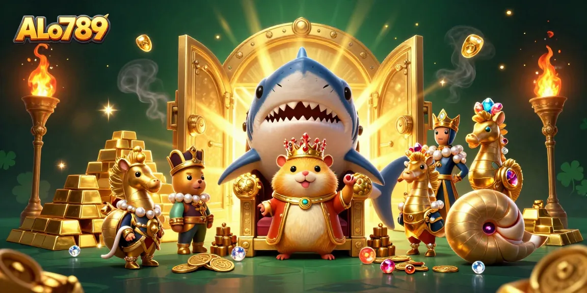 Experience ALo789 casino gaming with a fierce hamster king and golden treasures in a vibrant underwater world.
