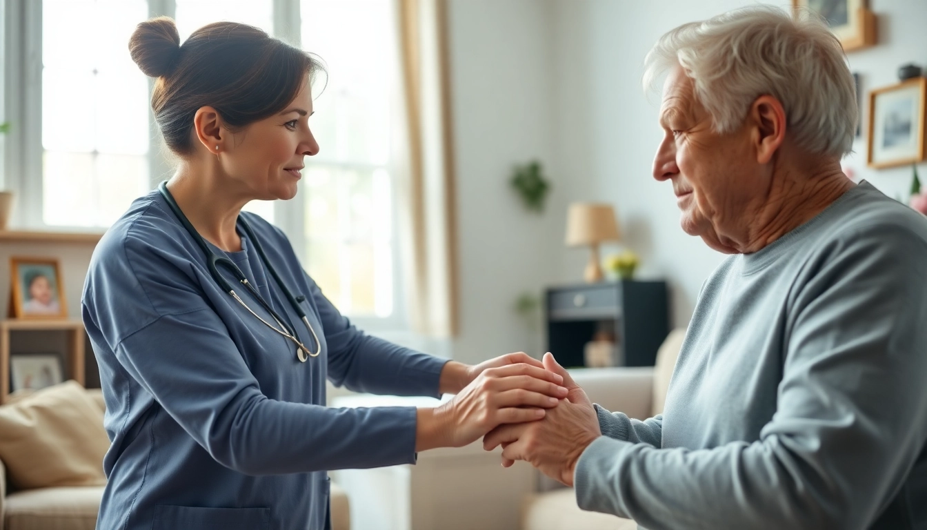 Home help for dementia patients shown through caregiver's gentle support in a serene living room.