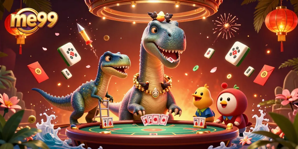 Experience thrilling action with me99 as a giant brontosaurus towers over a vibrant casino scene.