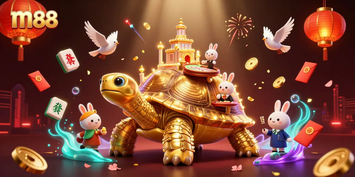 Experience thrilling wins with m88's vibrant illustration of a golden tortoise casino and dealer.