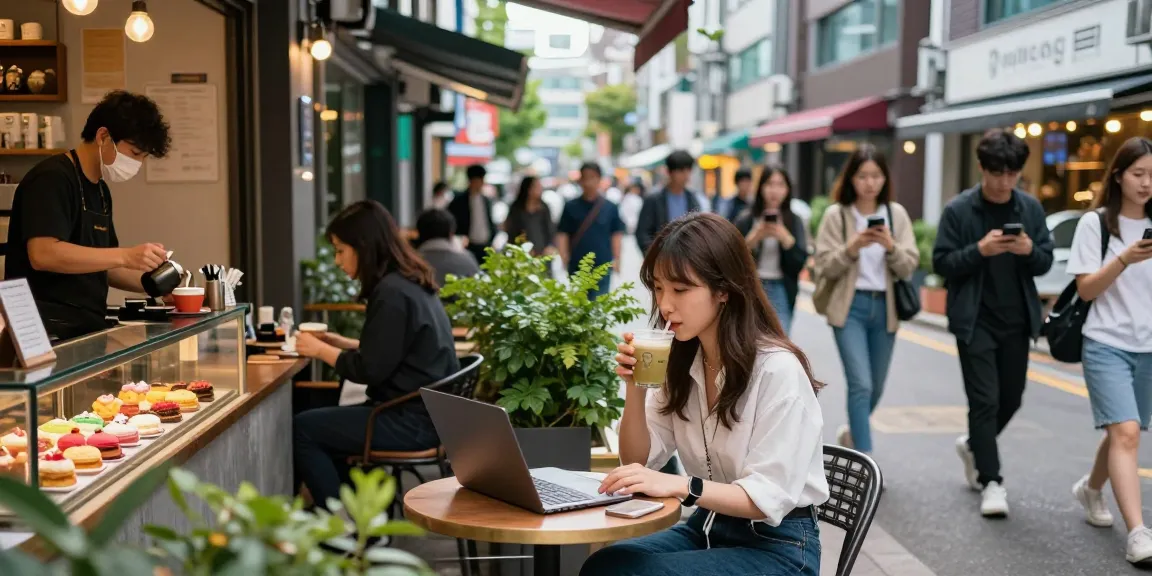 강남 세이렌의 현대적 카페에서 음료를 즐기는 여성 모습, 도시의 활기찬 분위기