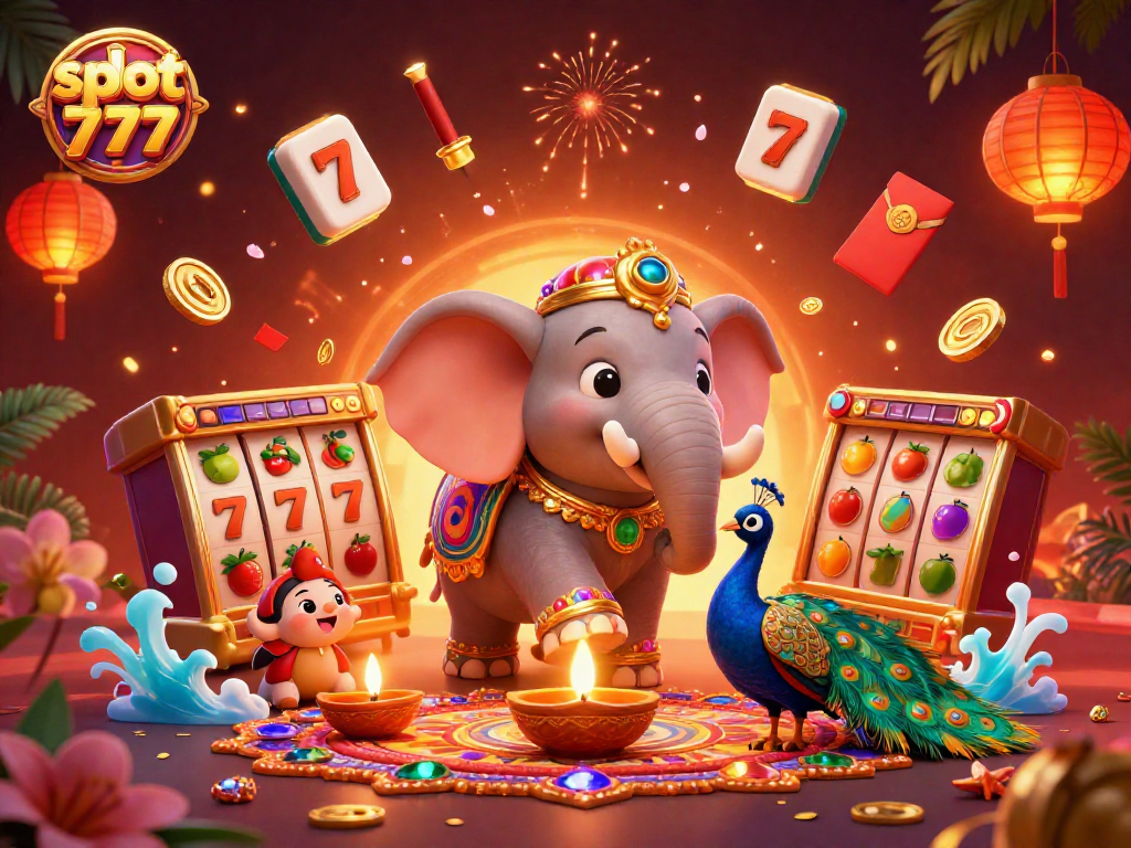 Engage with slot 777 in a vibrant 3D gambling scene featuring colorful cultural elements and slot symbols.