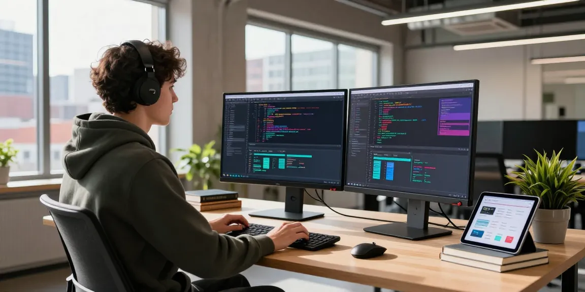 Dynamic tech workspace showcasing https://www.bdtjl.app/ with a developer coding on dual monitors in a modern office.