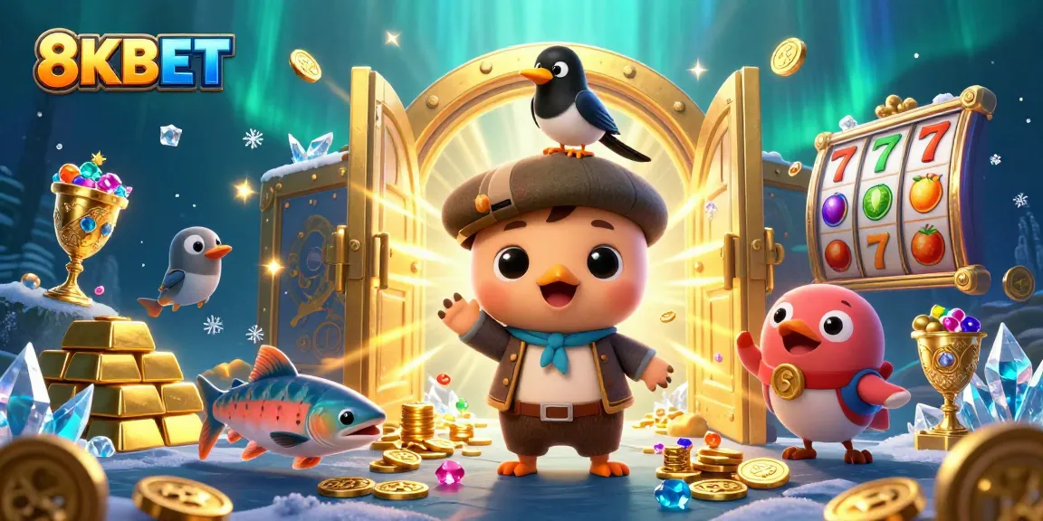 Play slots with 8KBET featuring a playful Nessie and gold treasures in a vibrant scene.