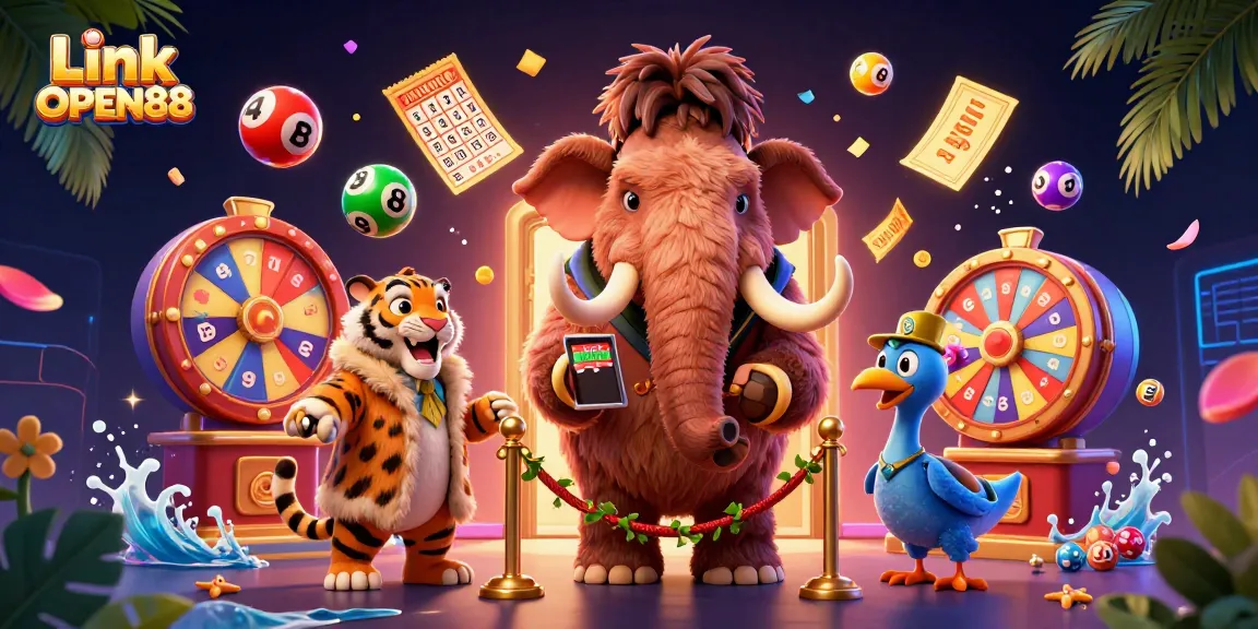 Engage in thrilling games with Link OPEN88 at a vibrant casino experience featuring colorful lottery elements.
