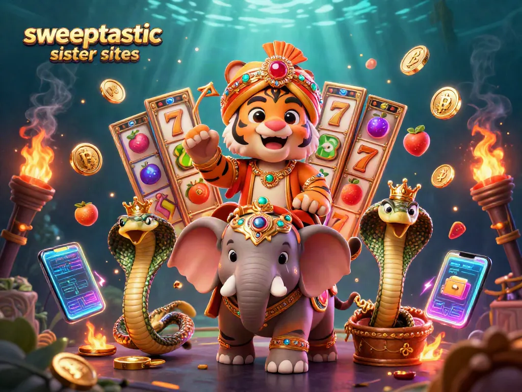 Experience the dynamic world of sweeptastic sister sites with vibrant slot reels and crypto elements.