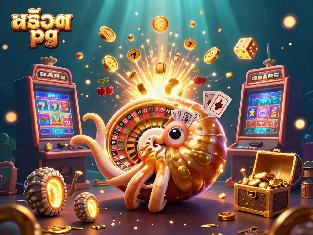 Experience thrilling gameplay with สล็อต pg as an ancient nautilus spins a roulette while holding playing cards.