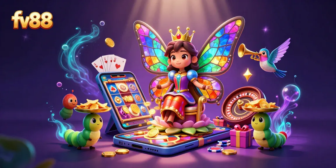 Catch the excitement at fv88 with an enchanting casino scene showcasing vibrant games and characters.
