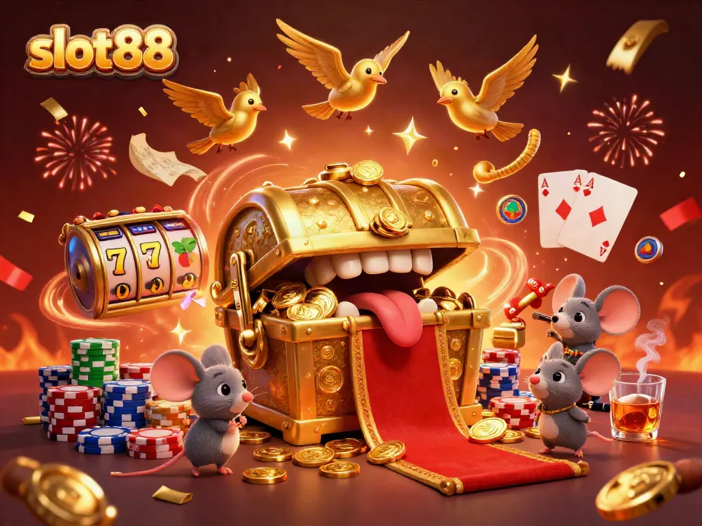 Adventurer mice approach the rich slot88 treasure chest in a vibrant casino scene