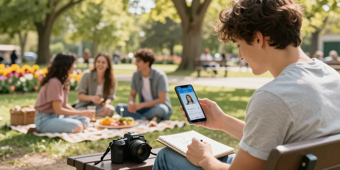 Person enjoying an outdoor attractiveness test on a mobile device in a vibrant park setting.