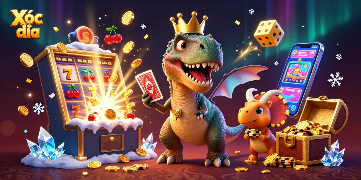 Engage with Xóc đĩa excitement as a friendly T-Rex and Pterodactyl play cards while stacking chips.