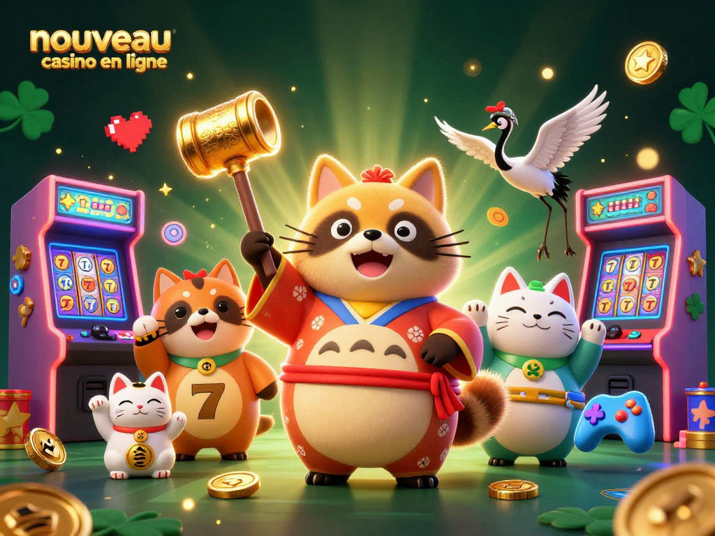Illustration de nouveau casino en ligne avec un tanuki, un crane et un maneki-neko entourés de machines à sous.