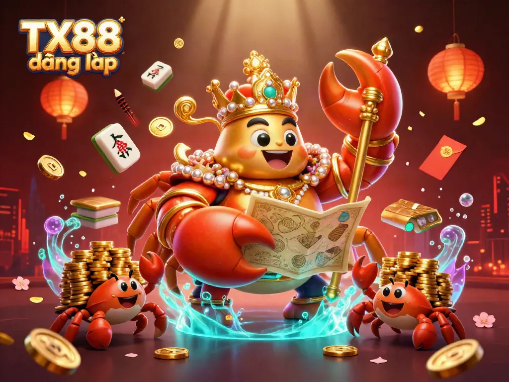 Engage with the TX88 đăng nhập vibrant casino experience through the visual of a golden crab emperor overseeing a treasure-filled spectacle.