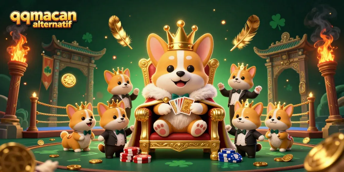 Engage with qqmacan alternatif as a royal corgi presides over a spectacular casino scene.