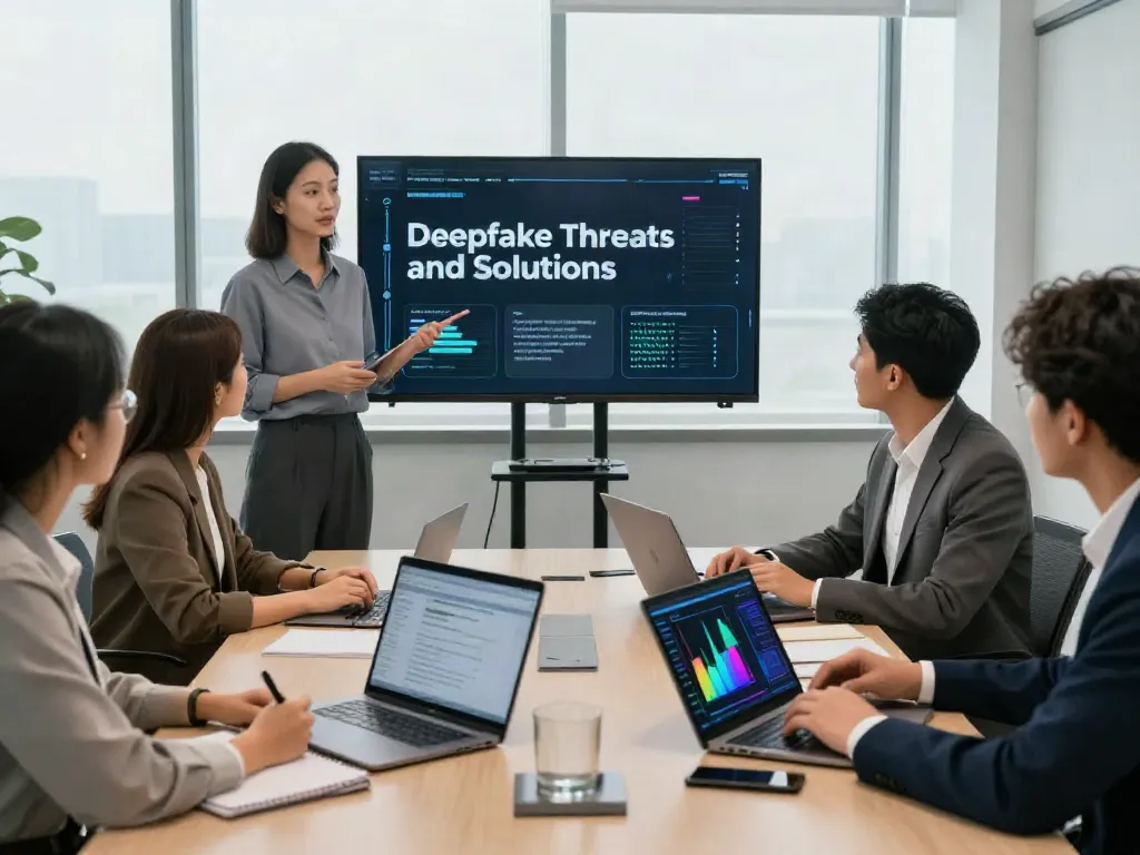 Team engaged in a strategic discussion on deepfake protected meetings in a modern office.