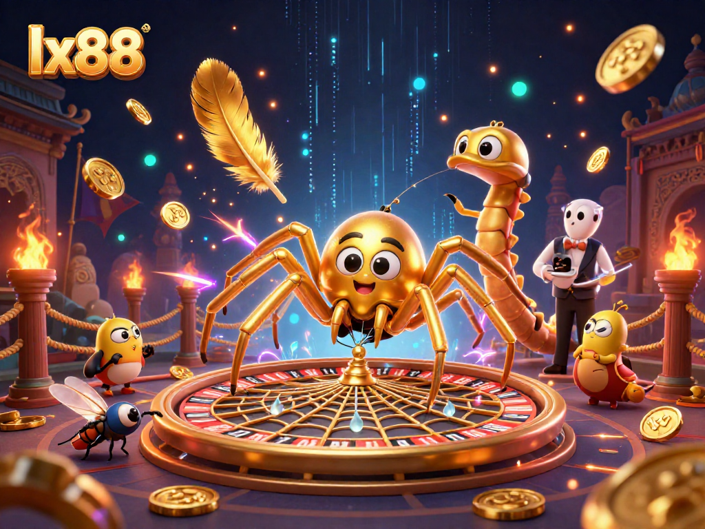 lx88 features a 3D spider and croupier in a vibrant casino web scene.