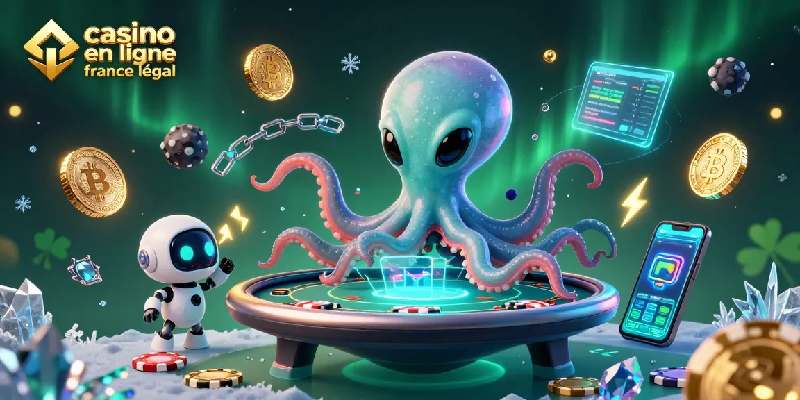 Illustration d'un octopus extraterrestre au casino, jouant à des jeux sur une table holographique. casino en ligne légal en France