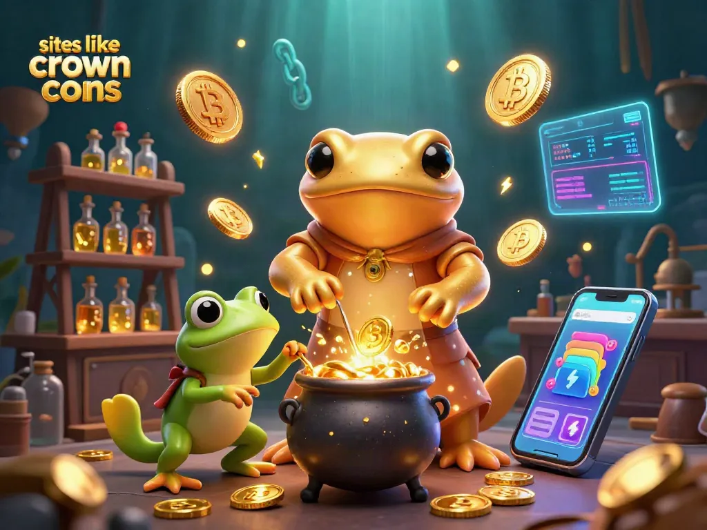 Discover exciting games at sites like crown coins with a vibrant golden scene filled with alchemical gaming elements.