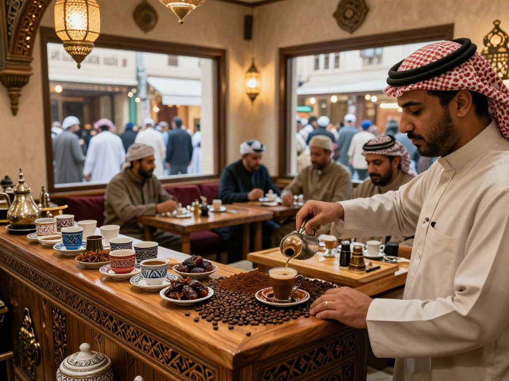 قھوجیین وصبابین الریاض في مقهى تقليدي يتحضرون القهوة العربية مع التوابل والأكواب الملونة.