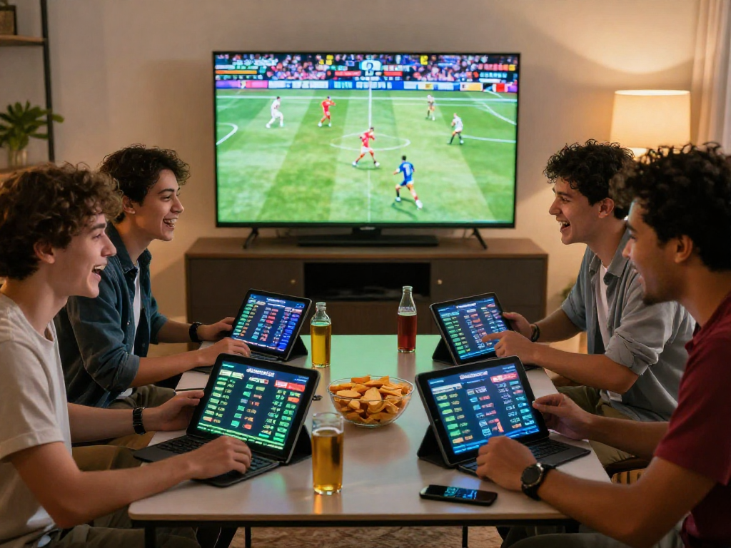Bola88 live sports betting session with friends enjoying a thrilling match.