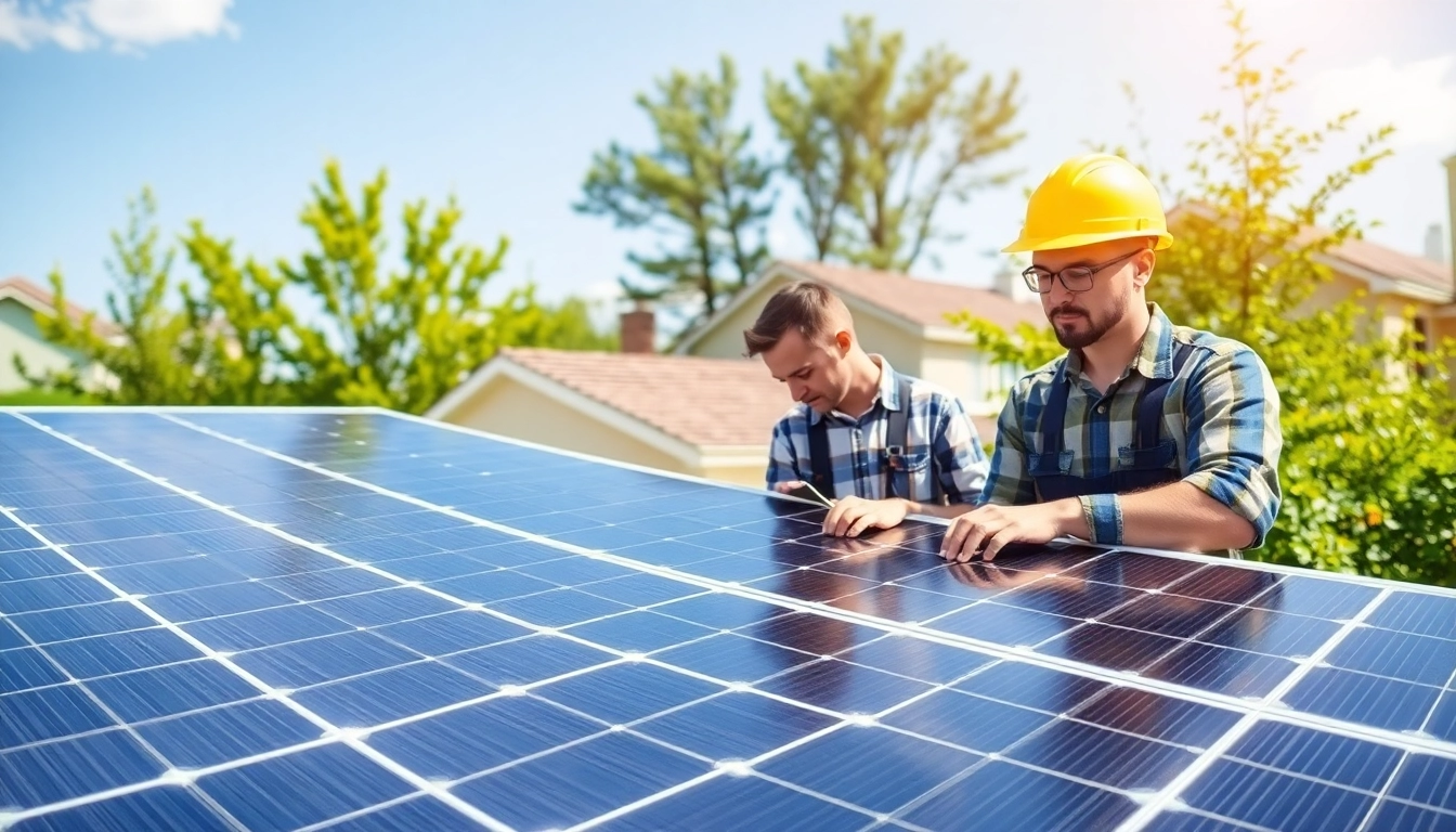 Technician from a solar repair company near me inspecting solar panels on a residential roof.