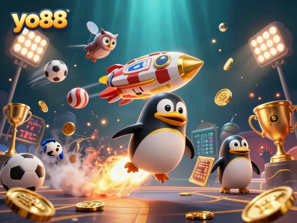 Experience the excitement of yo88 with a golden penguin and dazzling casino elements.