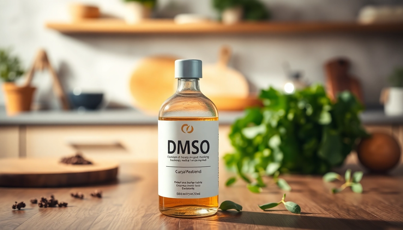 Showcasing a DMSO supplement bottle amidst herbs, emphasizing natural health benefits.