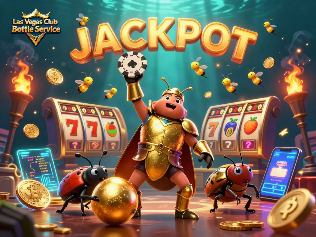 Experience Las Vegas Club Bottle Service with a victorious cartoon beetle and vibrant casino elements.