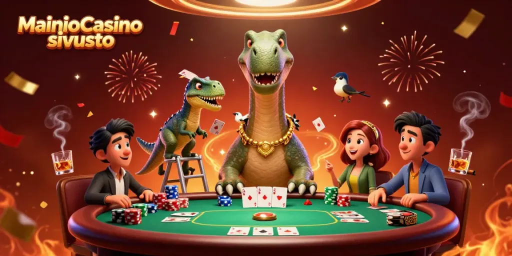 MainioCasino sivusto esittelee dynaamisen uhkapelikohtauksen, jossa dinosaurukset ja korttipeli elävät yhdessä.