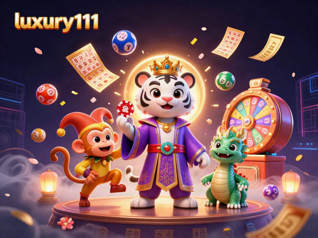 Win big with luxury111 in this vibrant 3D casino scene featuring a tiger, monkey, and dragon.