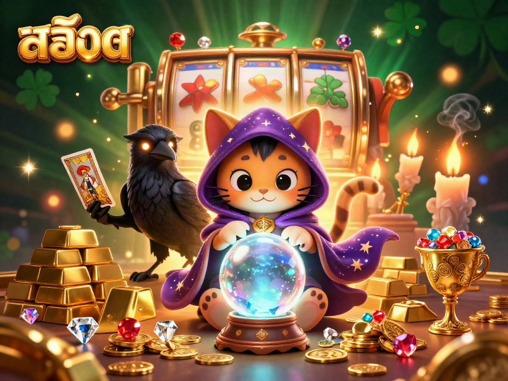 Engage with สล็อต at this vibrant 3D casino illustration with mystic characters and sparkling treasures.