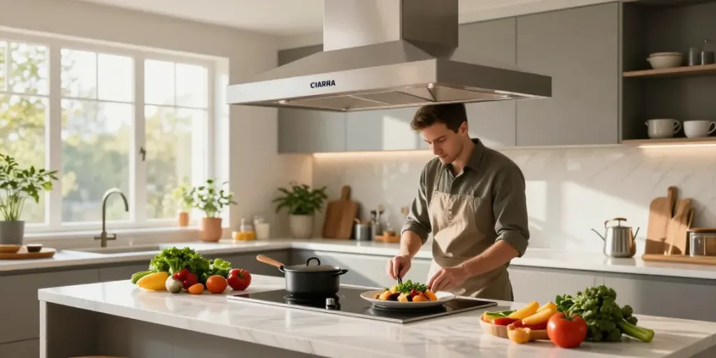 CIARRA Island Cooker Extractor Hood in a modern kitchen with a chef preparing fresh ingredients.