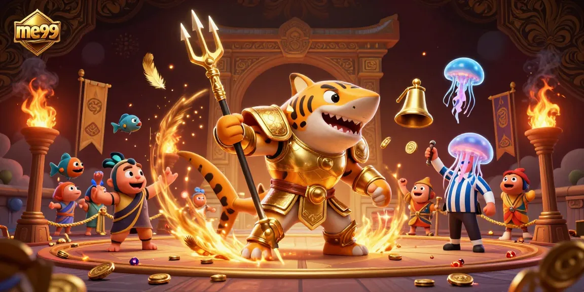 Engage in thrilling gameplay at me99 casino with a tiger shark gladiator battling in a dynamic underwater scene.