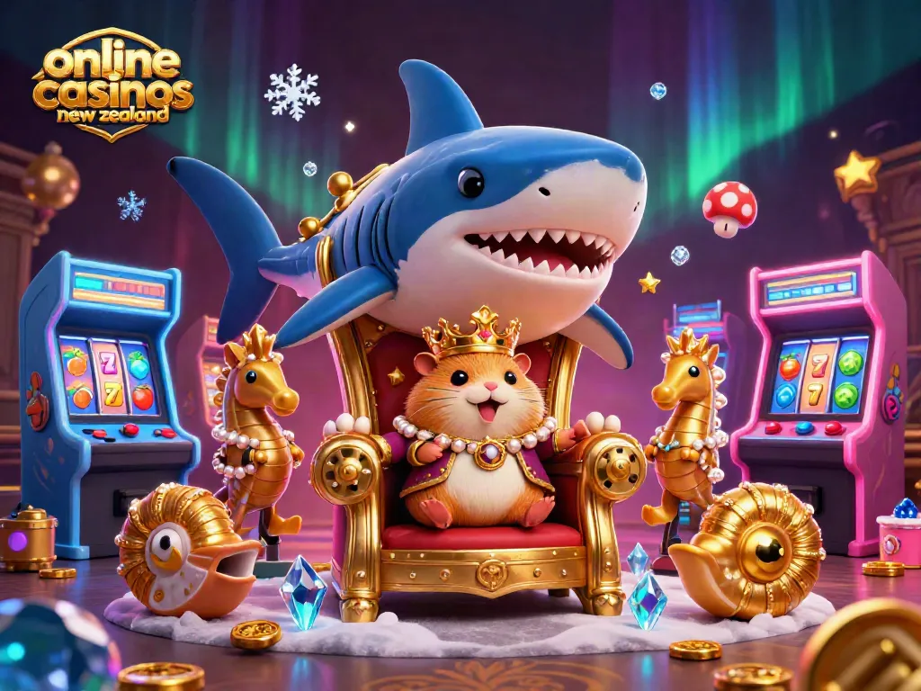 Engage with vibrant online casinos new zealand themed 3D illustration showcasing a hamster king and dynamic game elements.