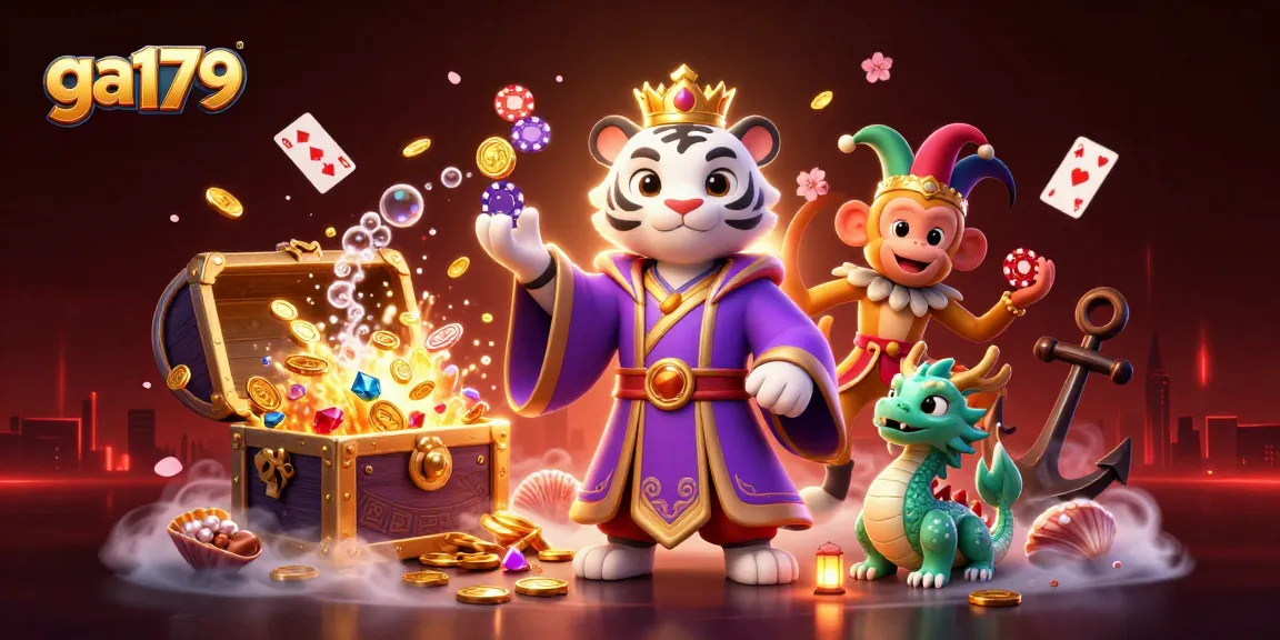 Experience ga179's vibrant online casino world with a 3D illustration of a royal tiger and colorful characters.