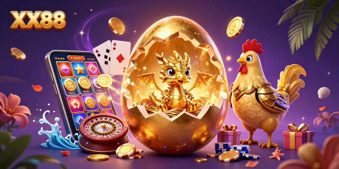 Experience thrilling games at XX88 with a dazzling golden baby dragon amidst vibrant casino elements.