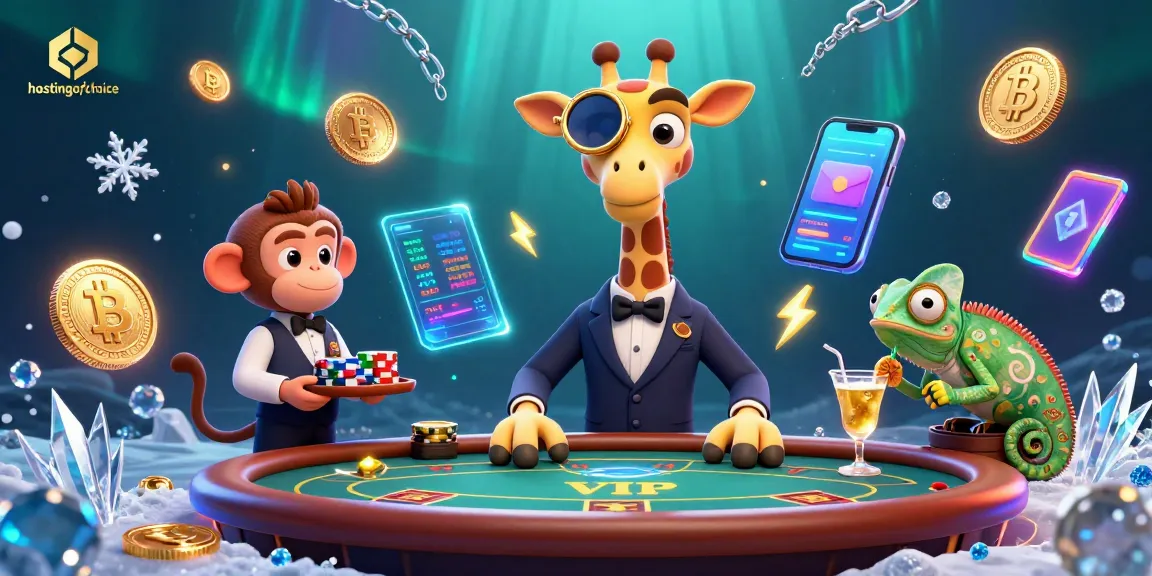 Experience the thrilling hostingofchoice scene with a giraffe, monkey, and chameleon at a vibrant poker table.