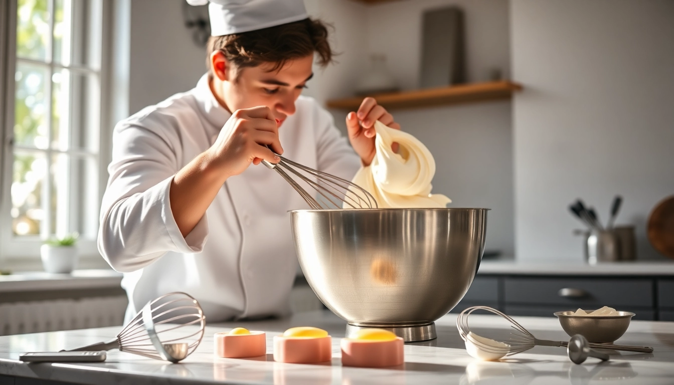 Maak mousseline crème met een professionele patissier in een lichte keuken.