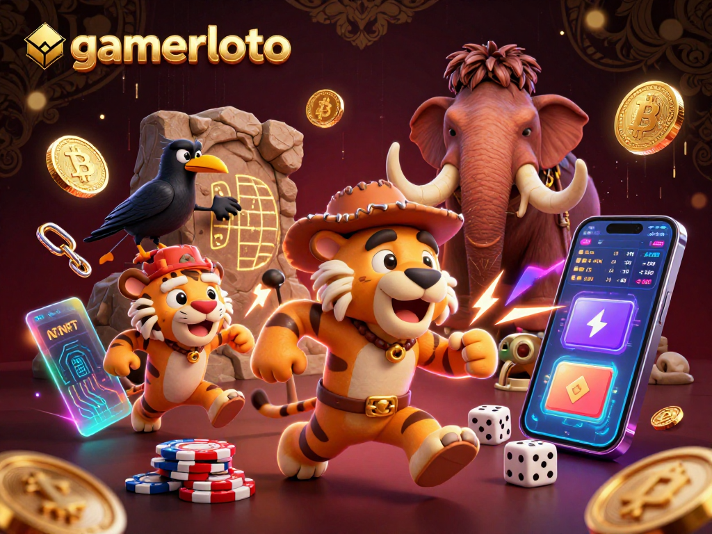 Engage with gamerloto's vibrant casino scene featuring a playful caveman duo and their clever crow companion.