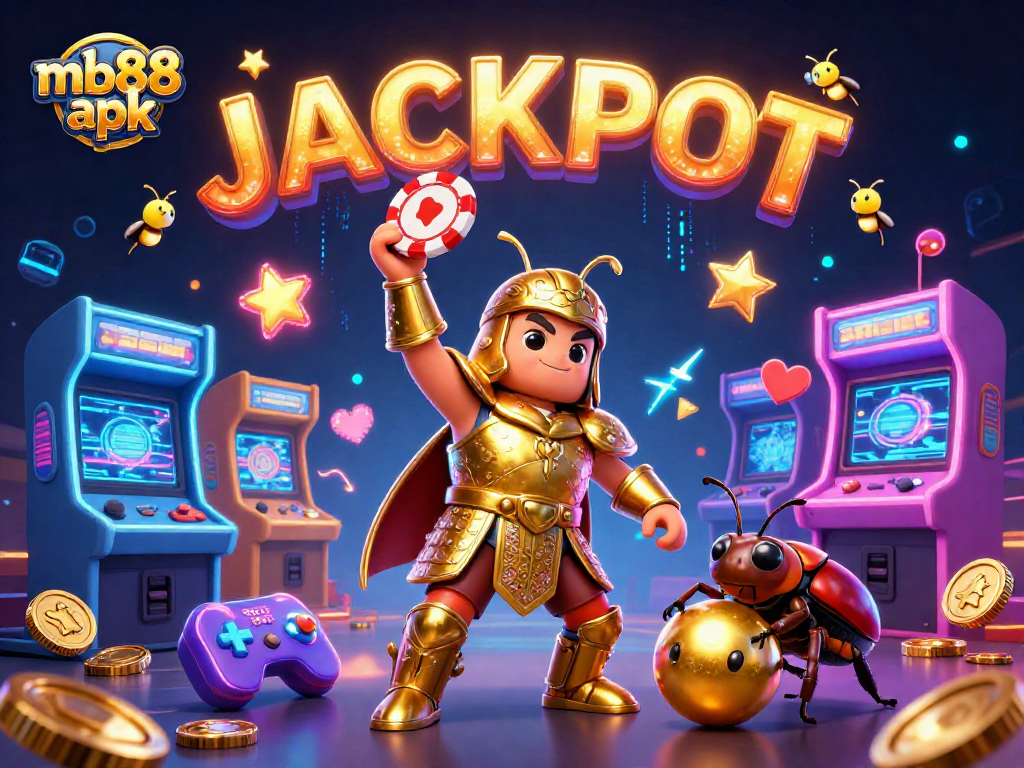 Engage with the exciting mb88 apk gaming experience as illustrated by a heroic beetle championing a jackpot victory.