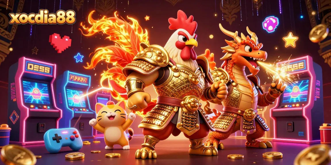 Xocdia88 featured a cartoon rooster and dragon amidst vibrant casino games, highlighting winning moments in gaming.