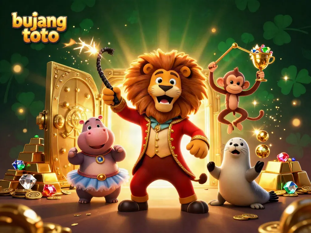Experience thrilling action with bujang toto as lions, hippos, monkeys, and seals gather in a casino treasure scene.