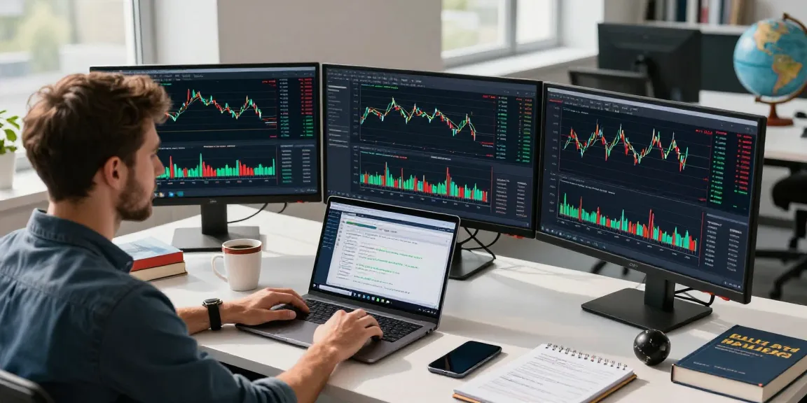 Trader using mt4 software on multiple monitors in modern workspace, analyzing Forex charts and strategies.